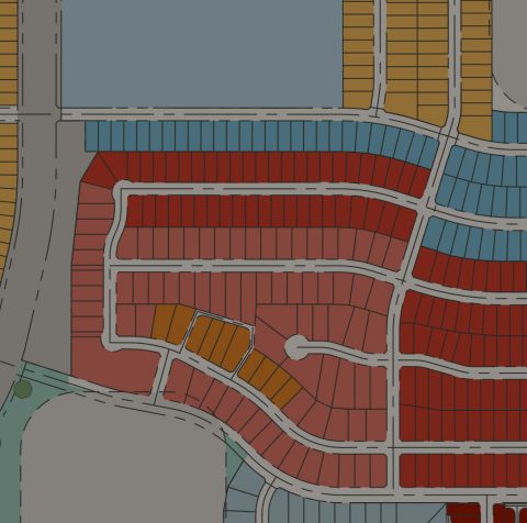 A section of a Fort Worth TX neighborhood zoning map highlights multiple residential plots in red, orange, blue, and brown, with white roadways dividing the areas—perfect for spotting new build homes and new homes for sale.